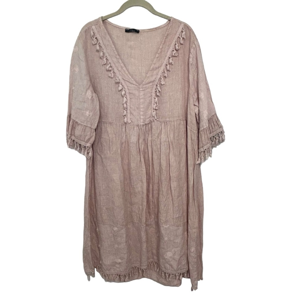 Baci Italian Linen Tassle Dress Sz 8 Cement